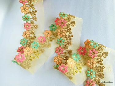 Gold Sheer Tissue Fabric Trim With Embroidered Pastel Pink, Green & Gold Flowers, Embellished With Beads